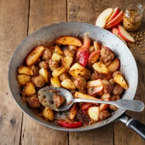 Sausage, apple and potato hash with red pepper and wholegrain mustard in a rustic metal skillet on a wooden table.