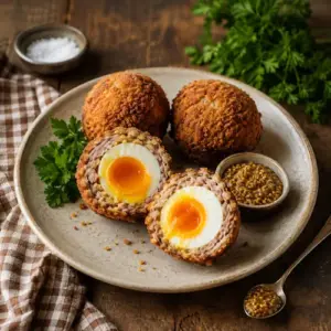 Crispy Scotch eggs with soft egg yolks and wholegrain mustard.