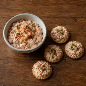 Creamy seafood pâté with salmon, prawns, crab, parsley and paprika on crisp canapé bases.