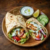 Two toasted flatbread wraps filled with seared shawarma-spiced halloumi, lettuce, tomato, cucumber and red onion, served with herb yogurt sauce and lemon on a rustic wooden table.