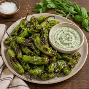 Air fryer shishito peppers with blistered skins served beside creamy Green Goddess dip