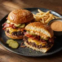 Cheesy smash burgers with crisp bacon, dill pickles and burger sauce, served with fries on a dark tray over a rustic wooden table.