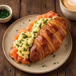 Golden flaky croissant filled with creamy scrambled eggs, smoked salmon, fresh chives and black pepper, served on a warm rustic brown wooden table.