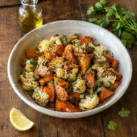 Roasted carrots and charred cauliflower with cilantro, lemon and chilli flakes.