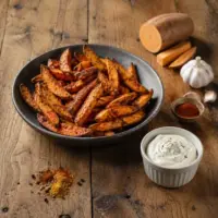Spiced sweet potato fries served with garlic sour cream dip