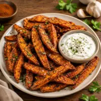 Spiced sweet potato fries with crisp golden edges served beside creamy garlic sour cream dip