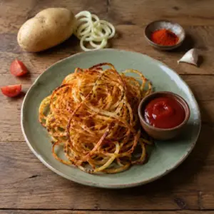 Crispy spiralized potato nest seasoned with smoked paprika and served with spicy homemade tomato ketchup on a rustic wooden table.