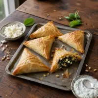 Crisp golden filo parcels filled with spinach, feta, onion and pine nuts on a rustic wooden table.