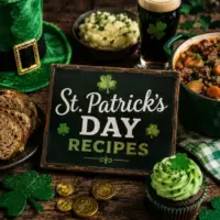 St. Patrick’s Day recipes with Irish-inspired food, green decorations, shamrocks, stout, stew and festive treats on a rustic wooden table.