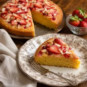 Moist polenta cake with strawberries, redcurrants and toasted almonds.