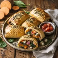 Golden puff pastry rolls with sweet potato, spinach, feta and caramelised onions.