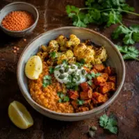 Roasted sweet potato and cauliflower over spiced red lentils with yoghurt, coriander, lemon and pumpkin seeds.