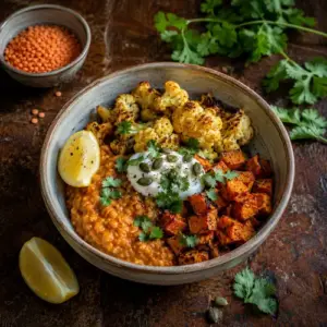 Roasted sweet potato and cauliflower over spiced red lentils with yoghurt, coriander, lemon and pumpkin seeds.