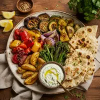 Roasted vegetables, potato wedges, warm flatbreads and herbed yoghurt dip.