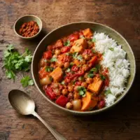 Sweet potato and chickpea curry with tomato, red pepper, coriander and basmati rice.