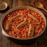 Hearty air fryer vegetarian sausage casserole with tomatoes, white beans, roasted red peppers and red onion in a rich herb tomato sauce, served on a rustic brown wooden table.