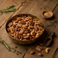 Spiced cocktail nuts with rosemary and thyme in a serving bowl
