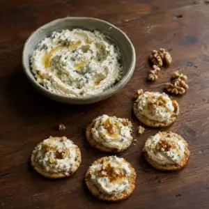 Creamy whipped blue cheese with walnuts and honey served on crisp canapé bases.