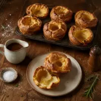 Golden Yorkshire puddings fresh from the oven with gravy, rosemary and flaky salt.