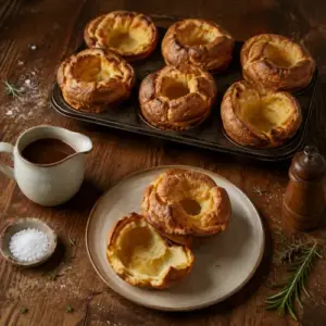 Golden Yorkshire puddings fresh from the oven with gravy, rosemary and flaky salt.