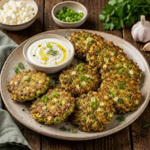 Golden zucchini feta fritters with fresh herbs and creamy yogurt dip on a rustic wooden table.