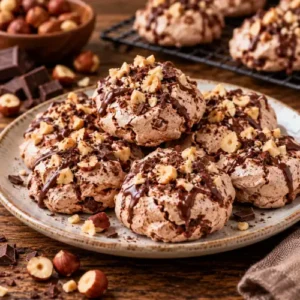 Light and airy chocolate hazelnut meringue cookies with cracked cocoa surfaces, chopped toasted hazelnuts and dark chocolate, served on a rustic ceramic plate on a dark wooden table.