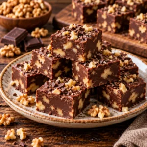 Rich, creamy chocolate walnut fudge cut into squares, filled with crunchy walnut pieces and served on a rustic ceramic plate on a dark wooden table.
