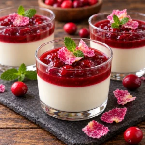 Creamy cranberry panna cotta served in glass cups, topped with ruby-red cranberry compote, candied rose petals and fresh mint on a dark rustic wooden table.