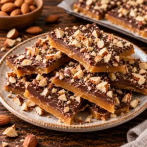 Homemade crunchy butter toffee with a golden caramel layer, topped with milk chocolate and chopped almonds, served on a rustic ceramic plate on a dark wooden table.